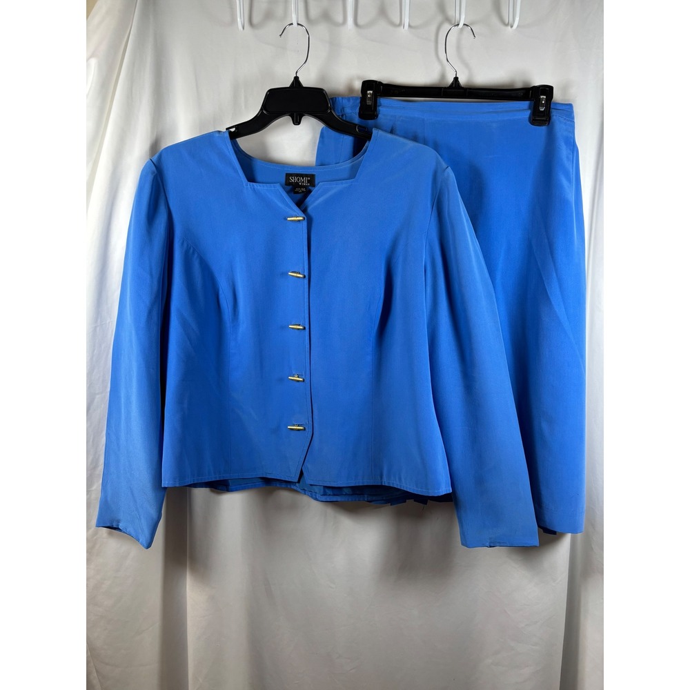 Shomi Woman Blue 100% Silk Skirt Suit Set Toggle Button Jacket Size 20